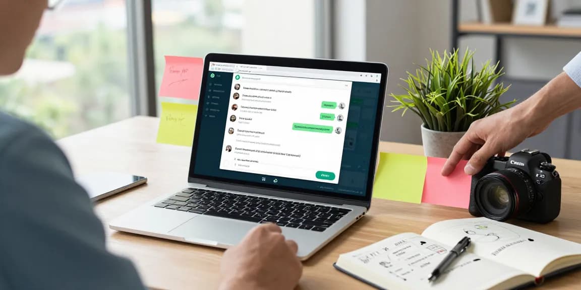 Person using WhatsApp網頁版 on laptop in a modern office setting