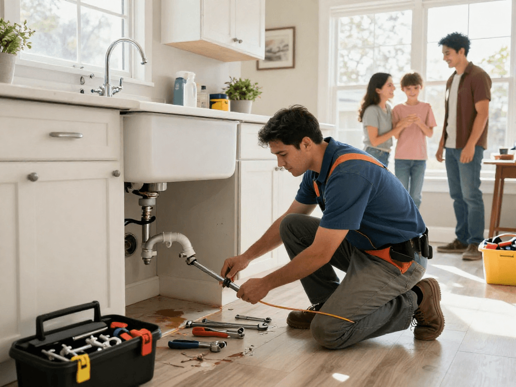 Mateo and Sons Plumbing technician repairing a leak under a kitchen sink in Fort Worth home.