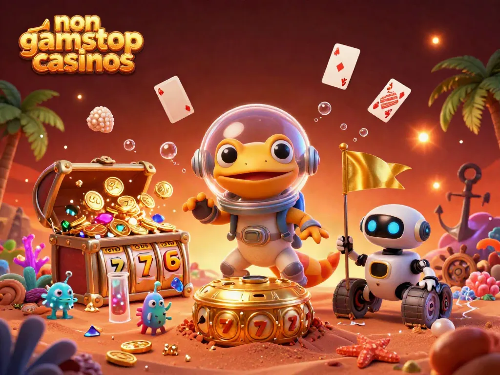 Engage with non gamstop casinos through a vibrant scene featuring an adventurous Martian gecko and exciting slot game elements.