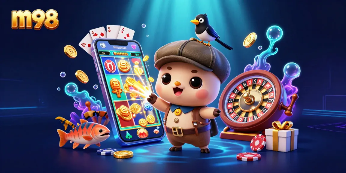 Experience the thrill of m98 with a vibrant casino scene featuring playful characters and exciting game elements.