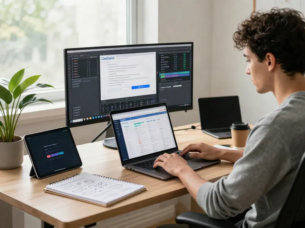 Dynamic tech workspace focusing on instant indexing tools and content creation activities.