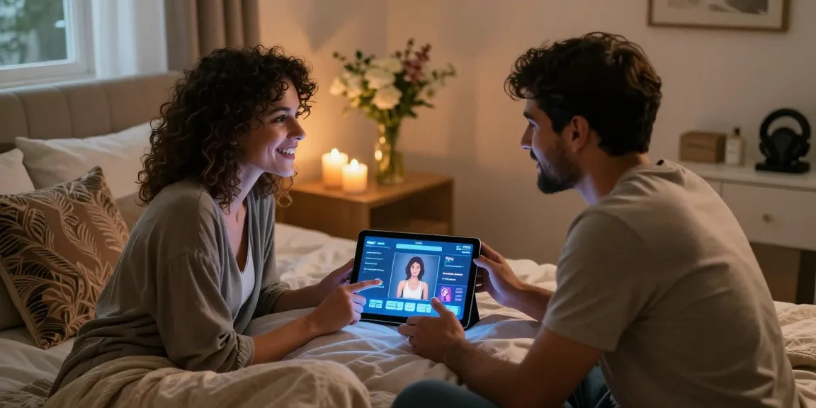 Couple exploring intimacy through sex AI technology in a cozy bedroom