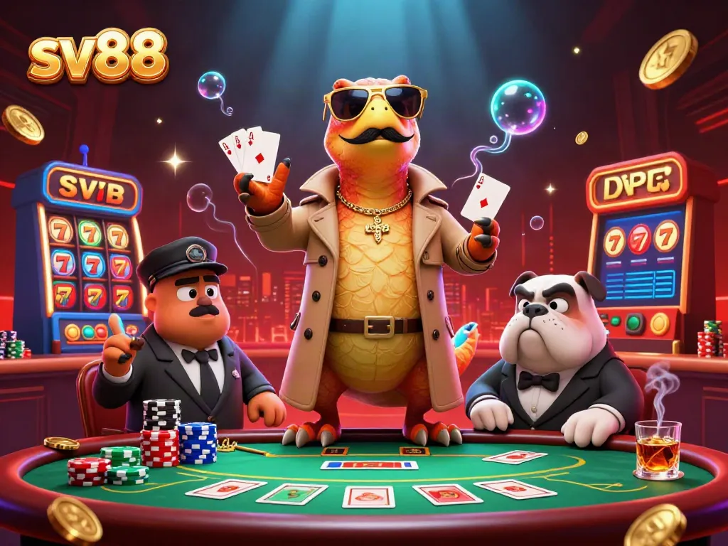 Experience the excitement of sv88 with cartoon raptors in a trench coat trying to enter a VIP casino.
