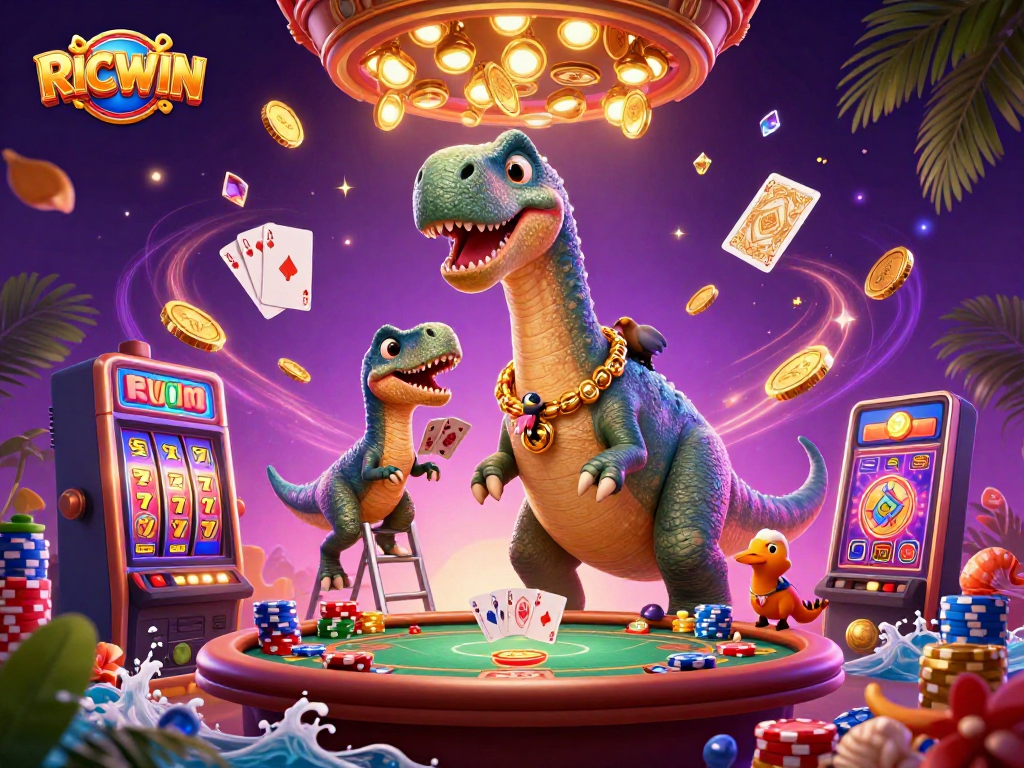 Experience the excitement of RICWIN with a dynamic 3D casino scene featuring a towering brontosaurus and lively characters.