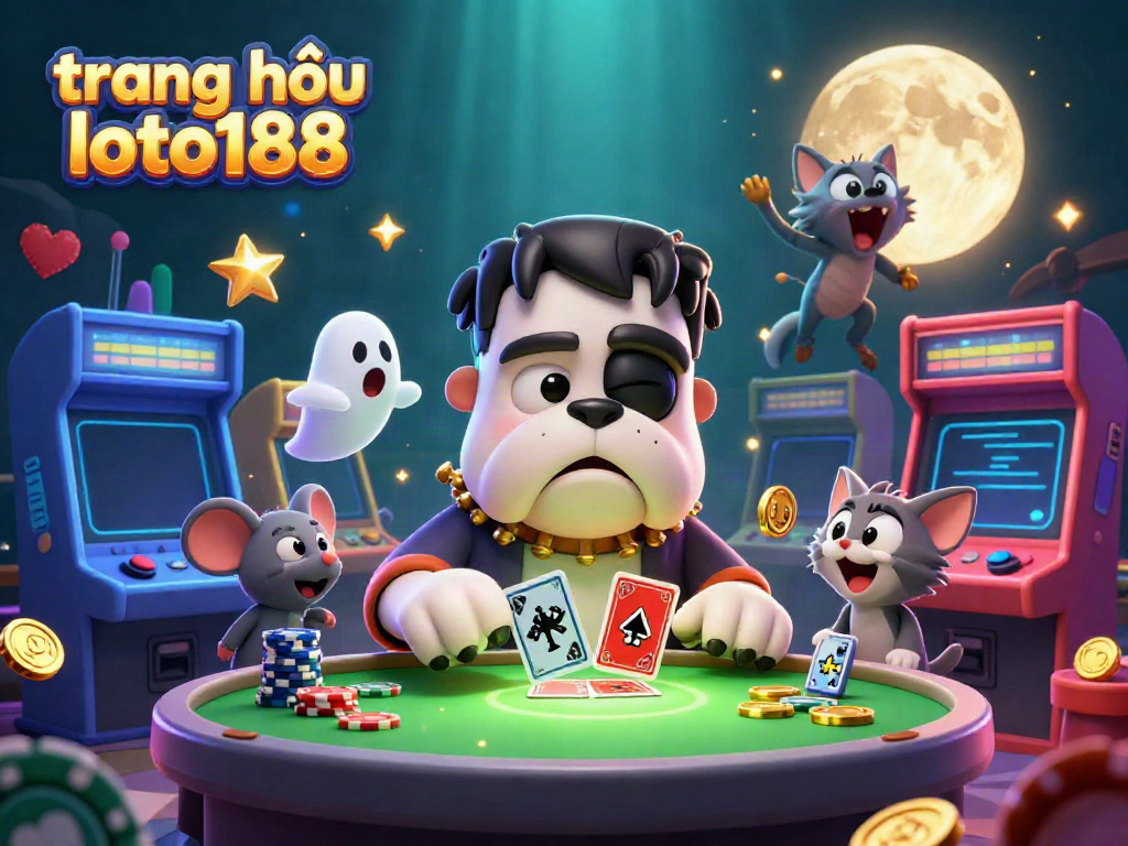 Engage with the vibrant world of trang chủ loto188 featuring a playful Frankenstein bulldog dealer in a colorful casino.