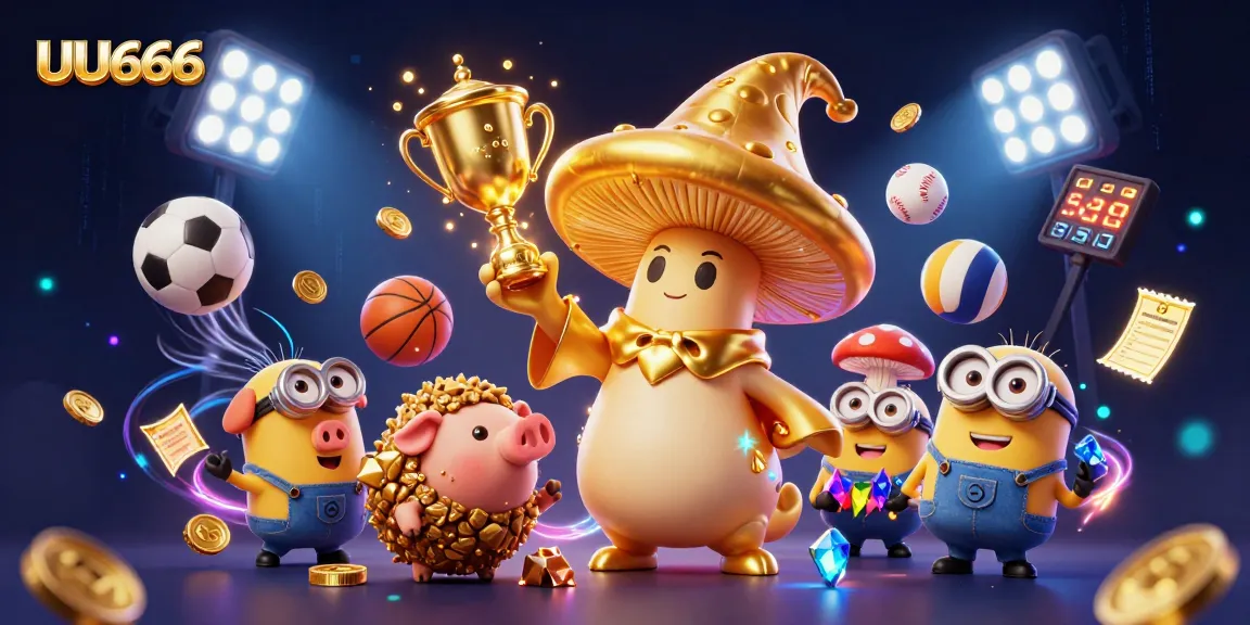 UU666 players enjoy a vibrant gaming experience with gold, magic, and sports themes in this lively casino scene.