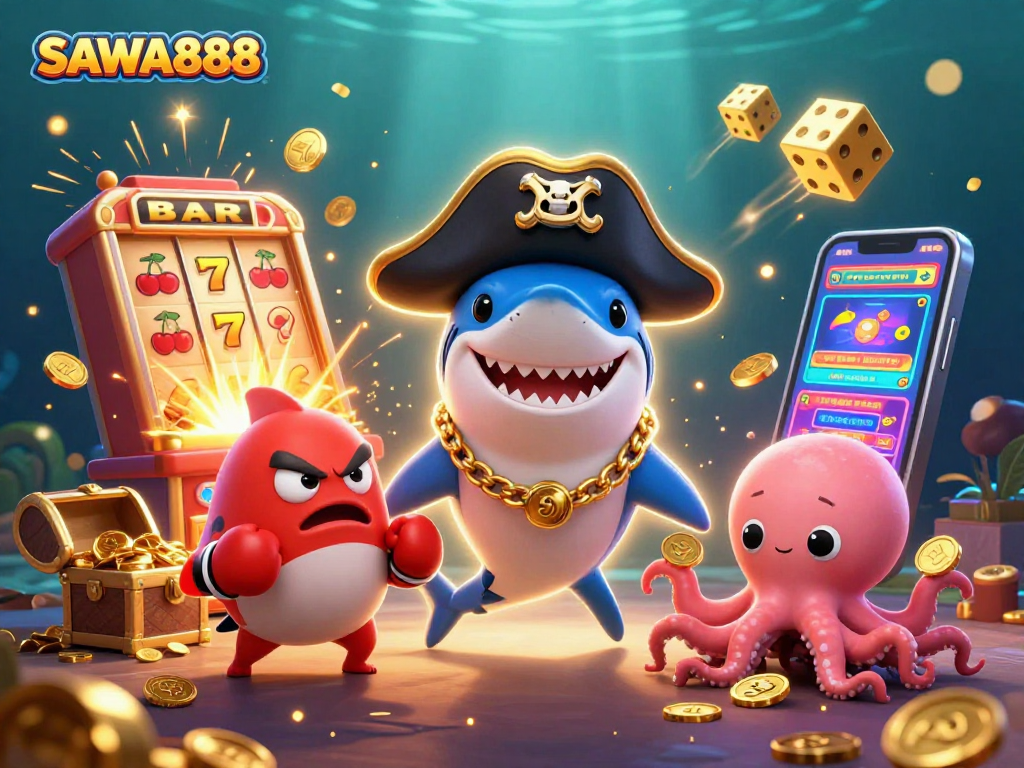 Play exciting slots on SAWA888 with charismatic characters celebrating a big jackpot win!