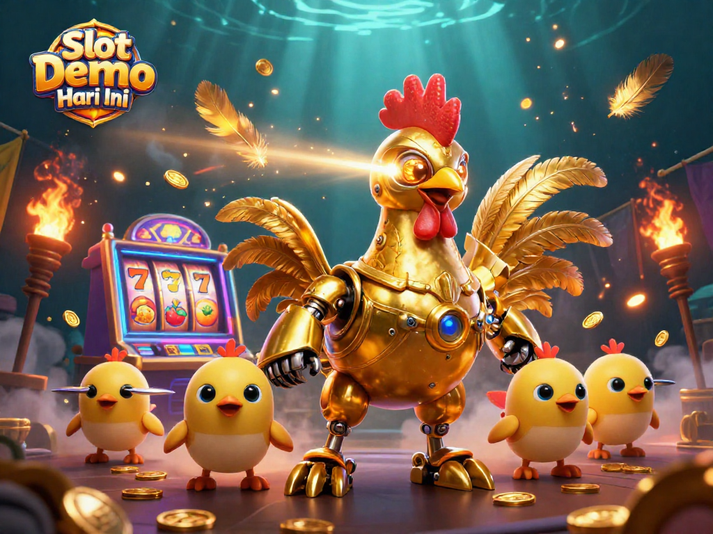 Experience Slot Demo Gacor Hari Ini with thrilling visuals of a golden rooster robot and vibrant slot elements.