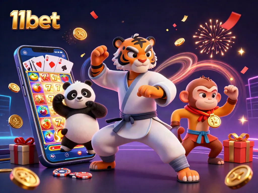 Engage with 11bet as a kung fu tiger and panda disciple enjoy gaming surrounded by slot reels, confetti, and golden coins.