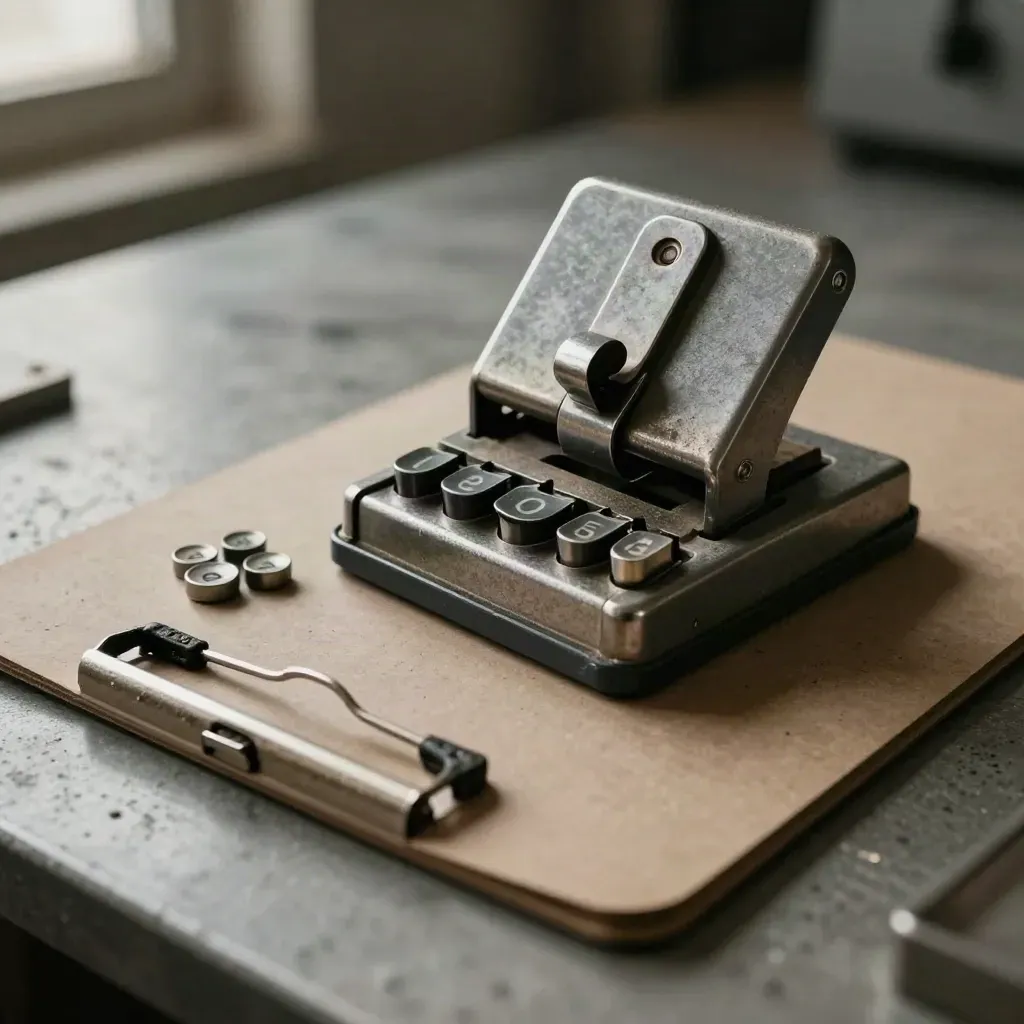 Timecard punch, dispatch keys and clipboard clamp on concrete under soft industrial light.