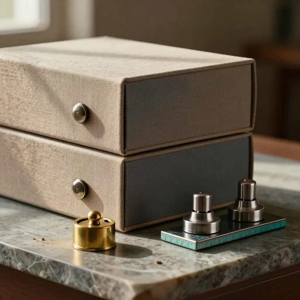 Archive boxes, brass paperweight and steel tally counters on stone in warm editorial light.