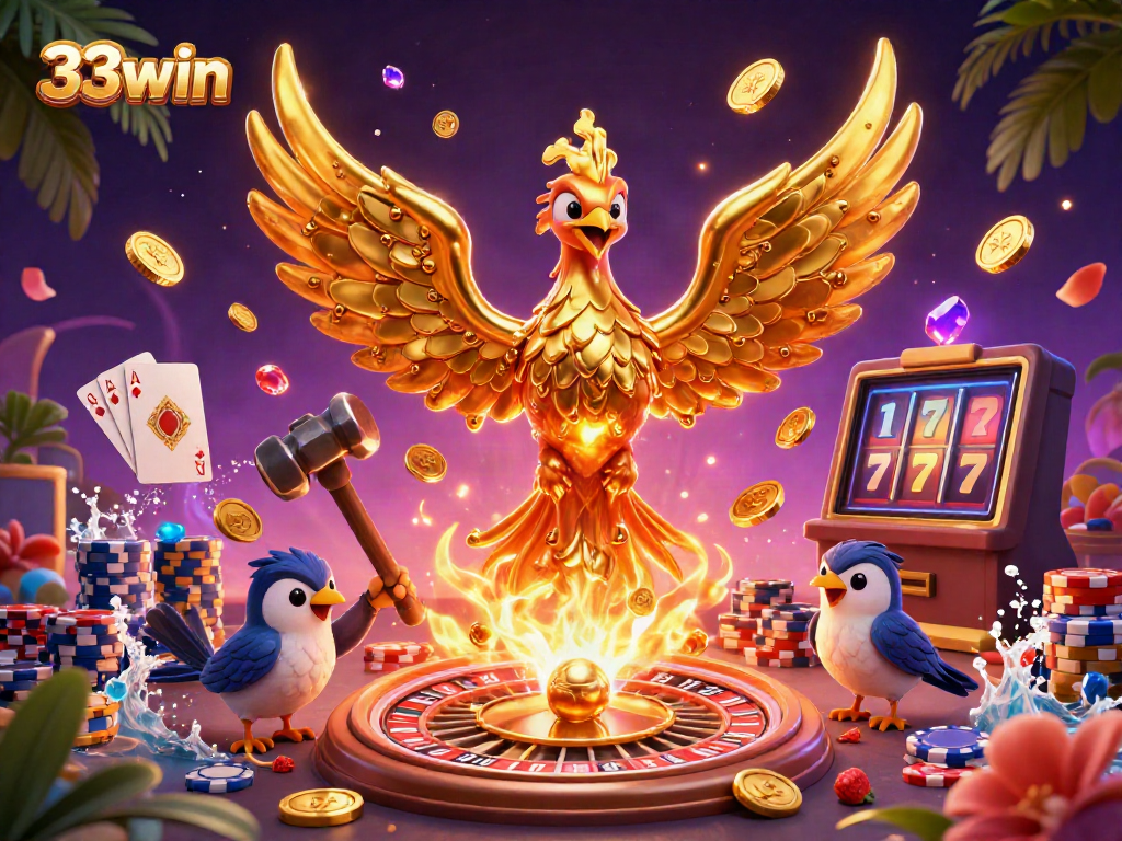 Experience the thrill of winning with 33win in a vibrant, dynamic casino scene filled with cascading golden coins and game elements.