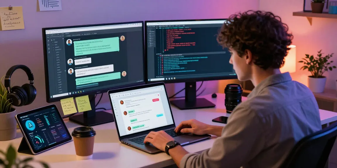 Engaging workspace with a user interacting with spicy chat AI on a laptop, showcasing a vibrant tech environment.