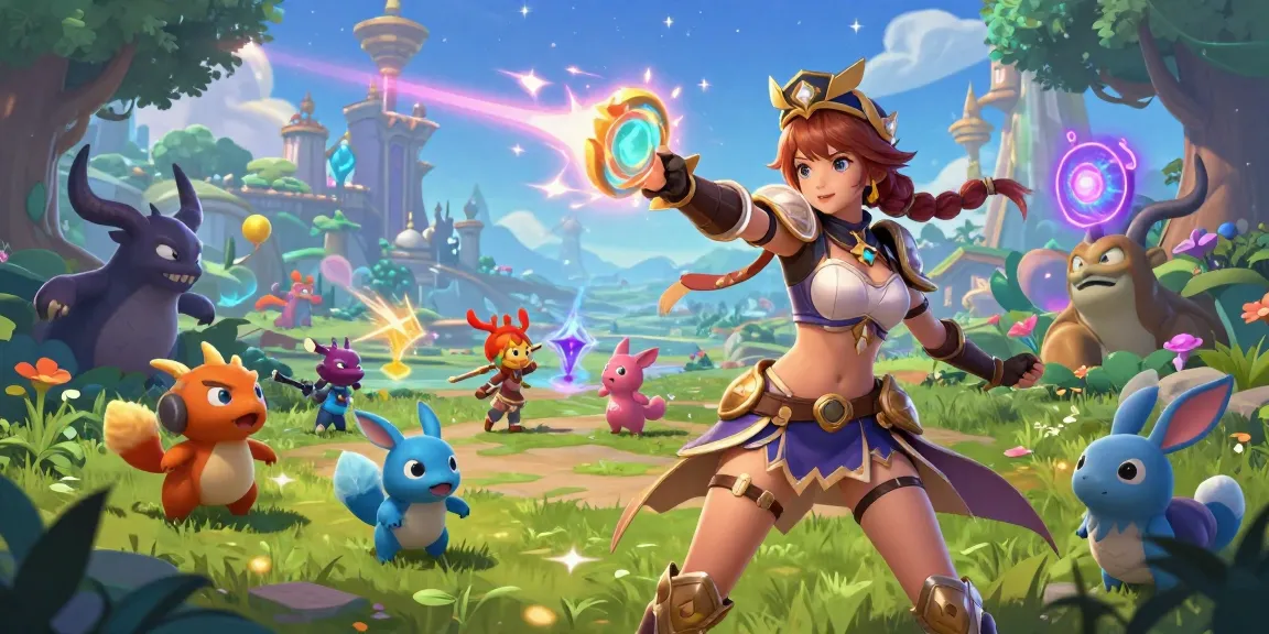 Dynamic female protagonist battling magical creatures in a vibrant fantasy world, highlighting female protagonist hentai games.