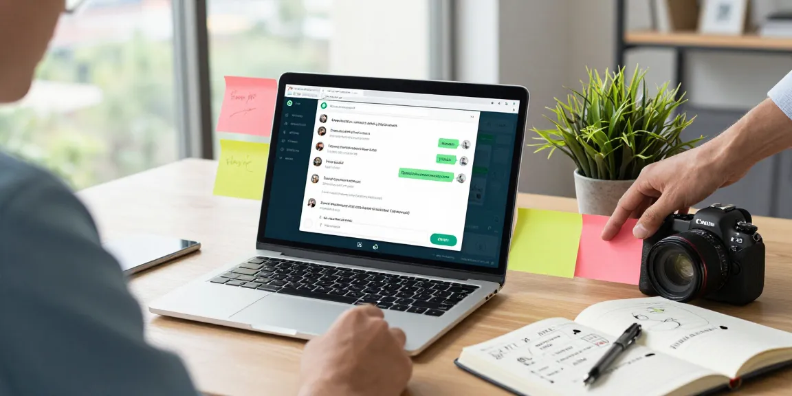 Person using WhatsApp網頁版 on laptop in a modern office setting