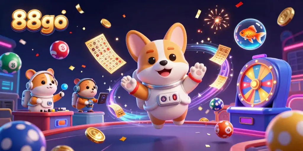 Engage in thrilling gameplay at 88go with a vibrant space casino scene featuring a corgi and more.