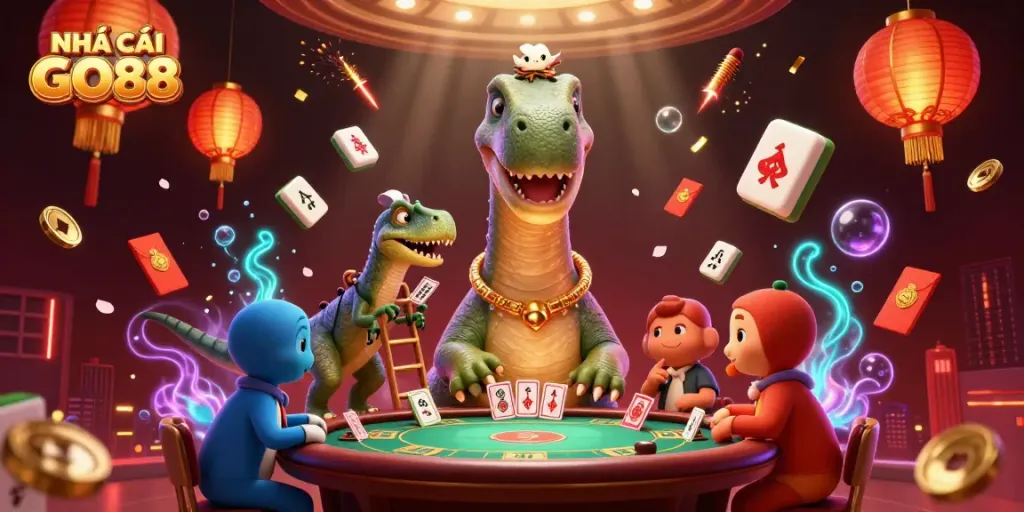 Engage at NHÀ CÁI GO88 with a fun 3D dinosaur-themed digital casino scene featuring vibrant game elements.