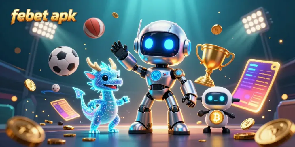 Experience thrilling gaming with febet apk, featuring a robot and a dragon in a rich, dynamic casino scene.