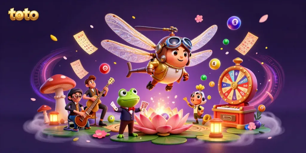 Engage in fun gambling with toto at a lily pad casino, as colorful lottery elements abound.