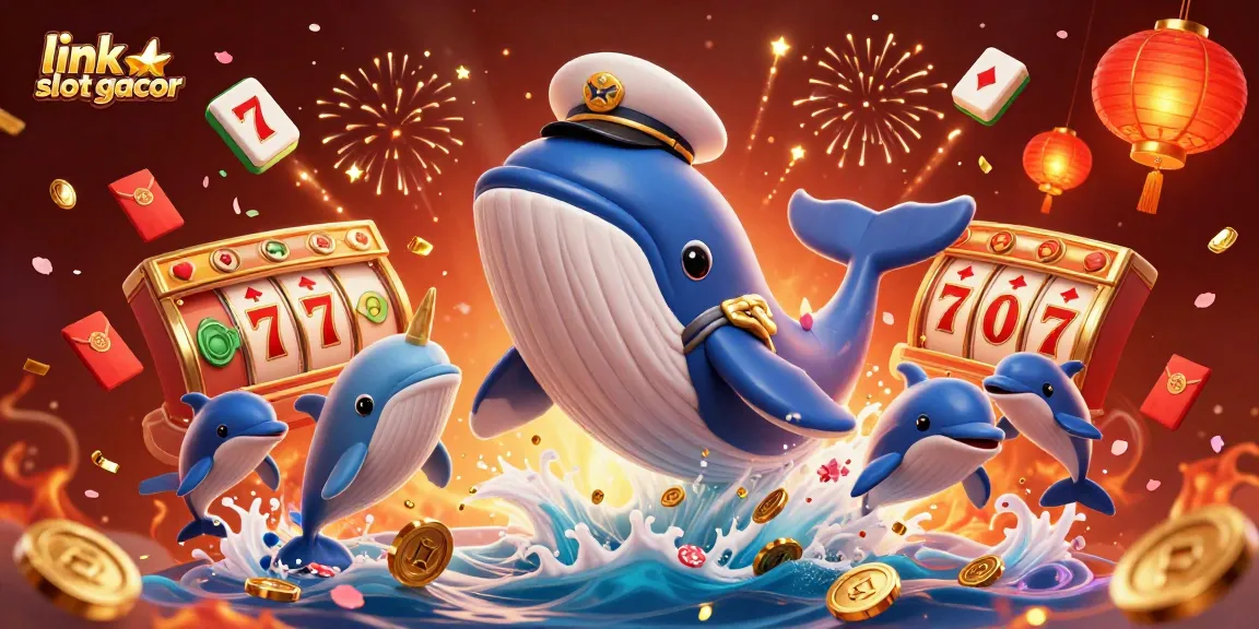 Experience the excitement with link slot gacor in a vibrant 3D casino illustration featuring playful dolphins and a breaching whale.