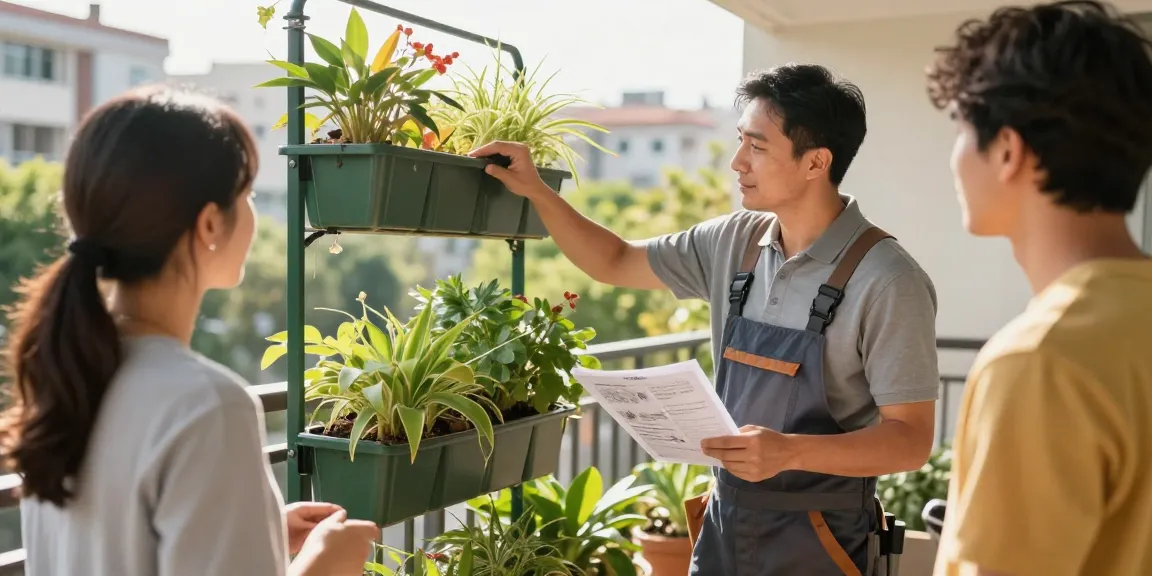 A local professional contractor demonstrating the vertical garden on the balcony, showcasing trusted community services for urban gardening solutions.