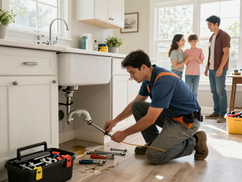 Mateo and Sons Plumbing technician repairing a leak under a kitchen sink in Fort Worth home.
