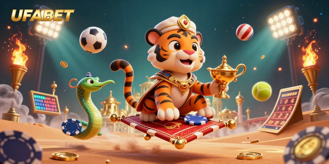 Place your bets at UFABET while enjoying a vibrant casino scene with a golden sultan and dynamic sports elements.