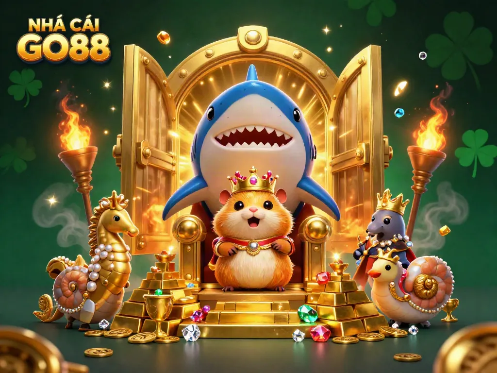 Engaging illustration of NHÀ CÁI GO88's vibrant casino scene with gold treasures and cartoon characters.