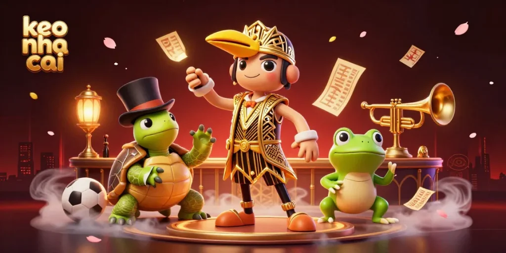Experience gaming excitement with keo nha cai as 3D characters celebrate sports betting at a lively speakeasy.