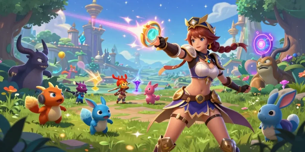 Dynamic female protagonist battling magical creatures in a vibrant fantasy world, highlighting female protagonist hentai games.