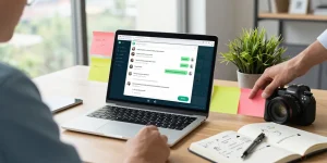 Person using WhatsApp網頁版 on laptop in a modern office setting