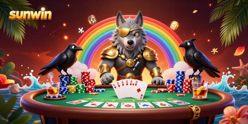 Engage in thrilling poker action with sunwin's vibrant casino scene showcasing unique characters and gaming elements.