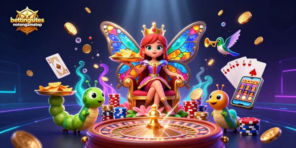 Engage in betting opportunities at bettingsitesnotongamstop with vibrant casino elements and fluttering characters.