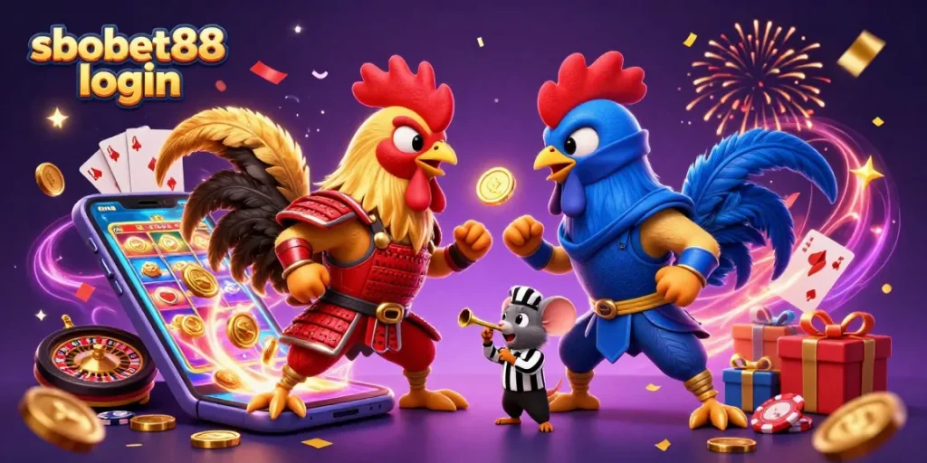 Bet on sbobet88 login: Roosters duel over a lively casino scene with dynamic gaming elements.