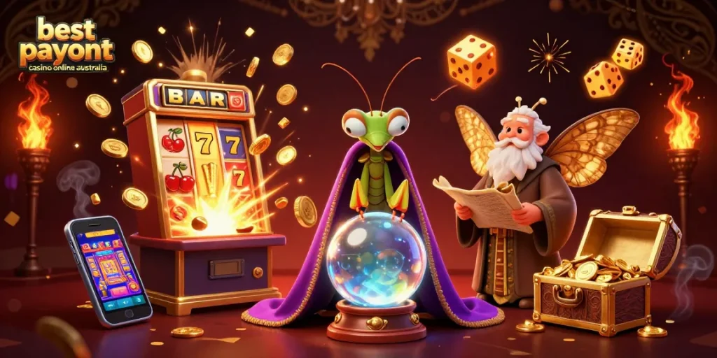 Engage with the best payout casino online Australia through vibrant 3D illustrations depicting slots and winnings.