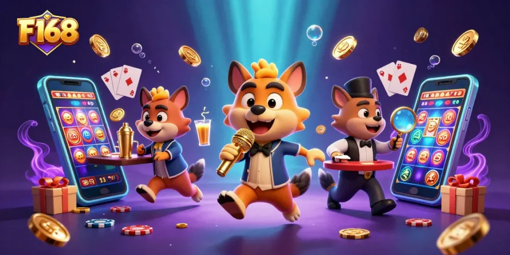 F168 casino hyena characters entertain in a vibrant, dynamic 3D scene filled with games and excitement.
