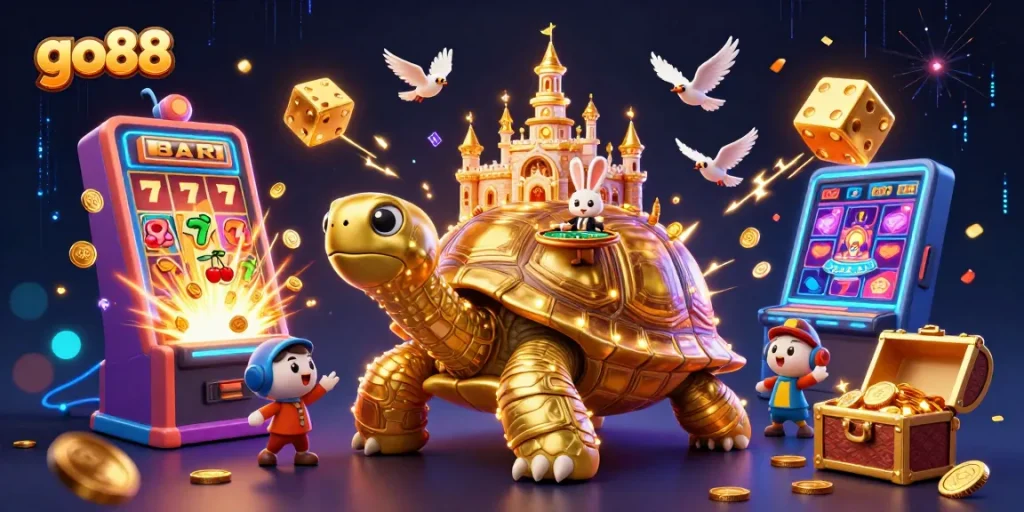 Engage with go88's dynamic gaming world featuring a golden tortoise casino and thrilling slot action.