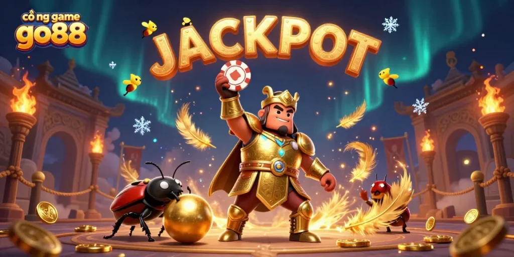Experience excitement at cổng game go88 with heroic characters celebrating a big jackpot win.
